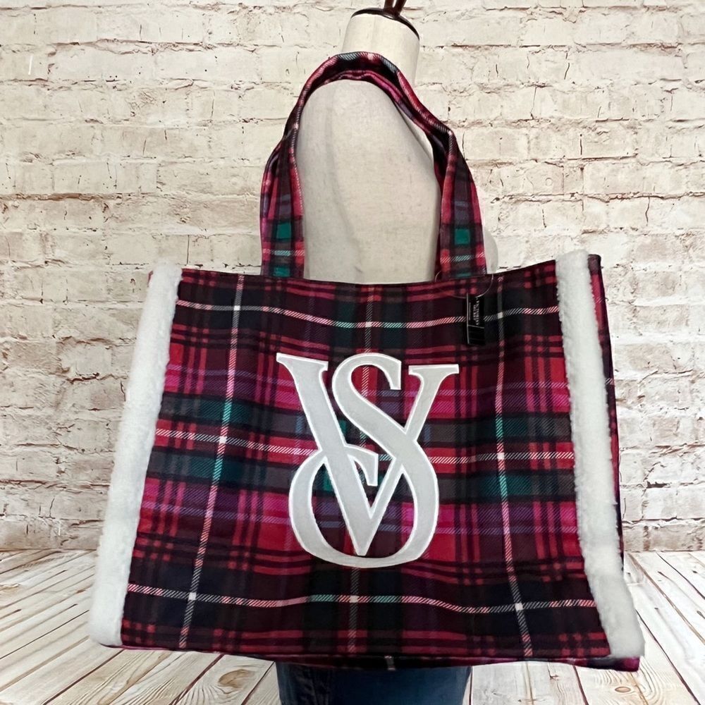 Victorias Secret plaid flannel Sherpa tote bag
